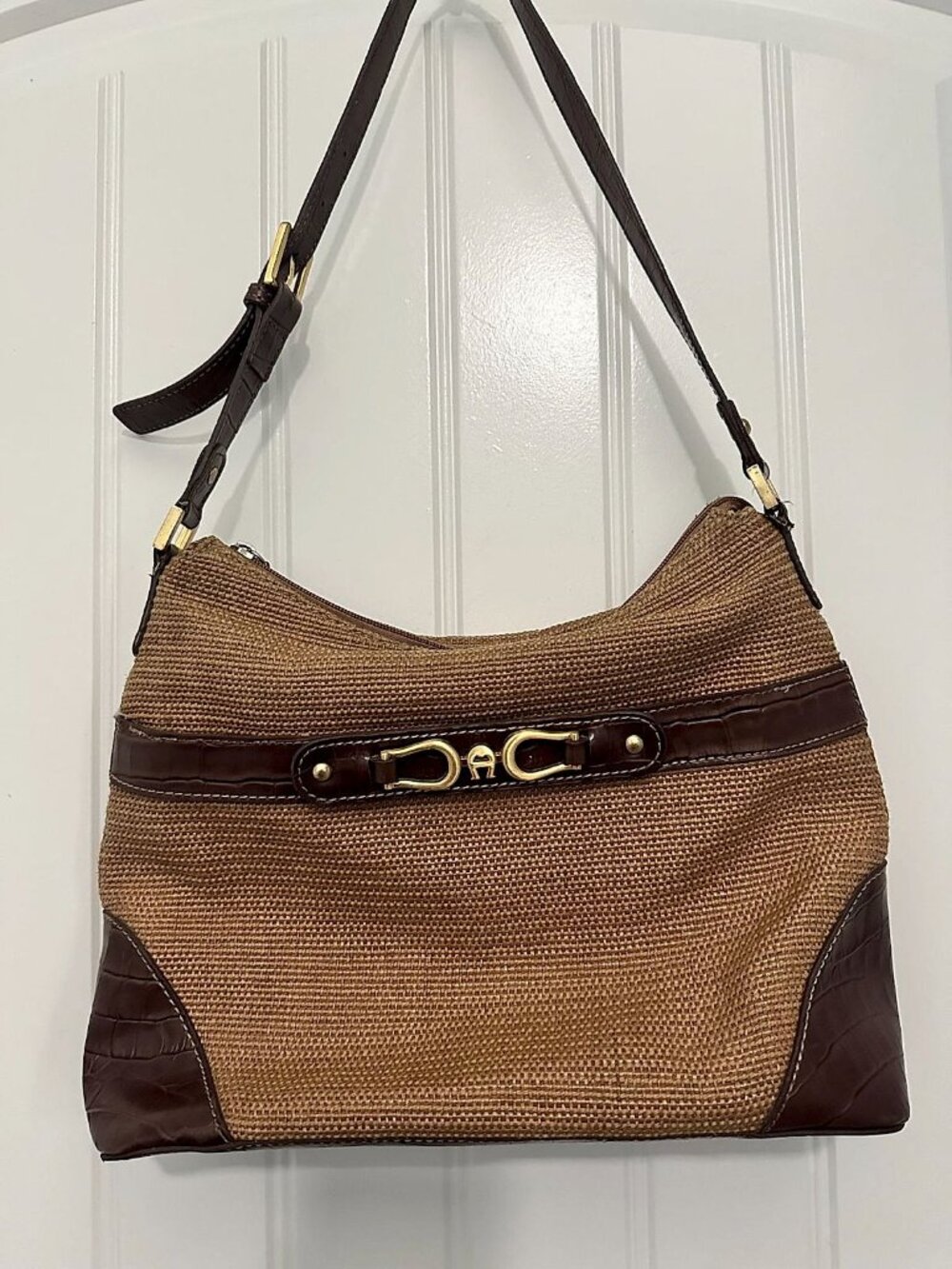 Etienne Aigner Vintage Tan Raffia & Brown Croc-Embossed Leather Shoulder Handbag
